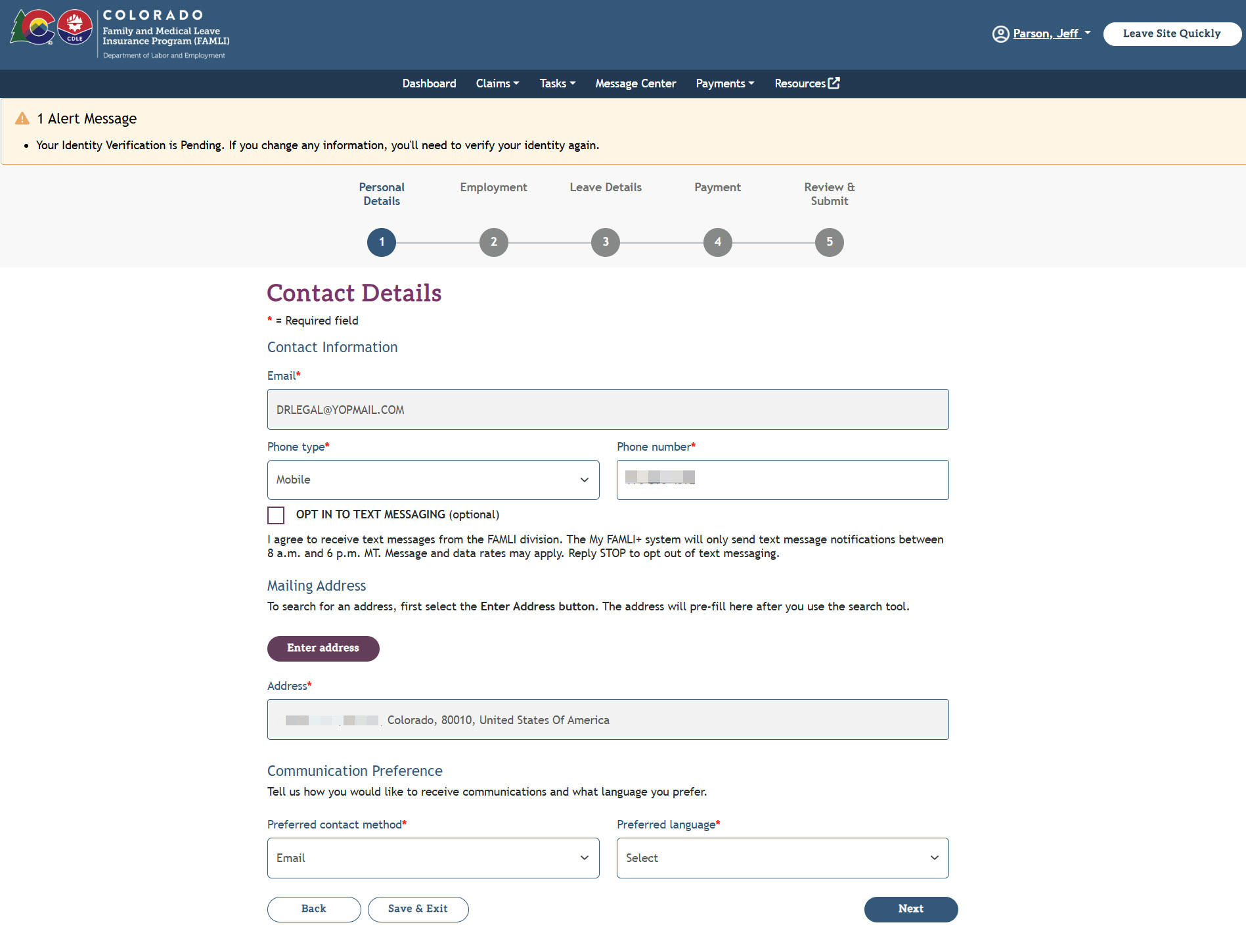 My FAMLI+ R4.3 Contact Details Screen