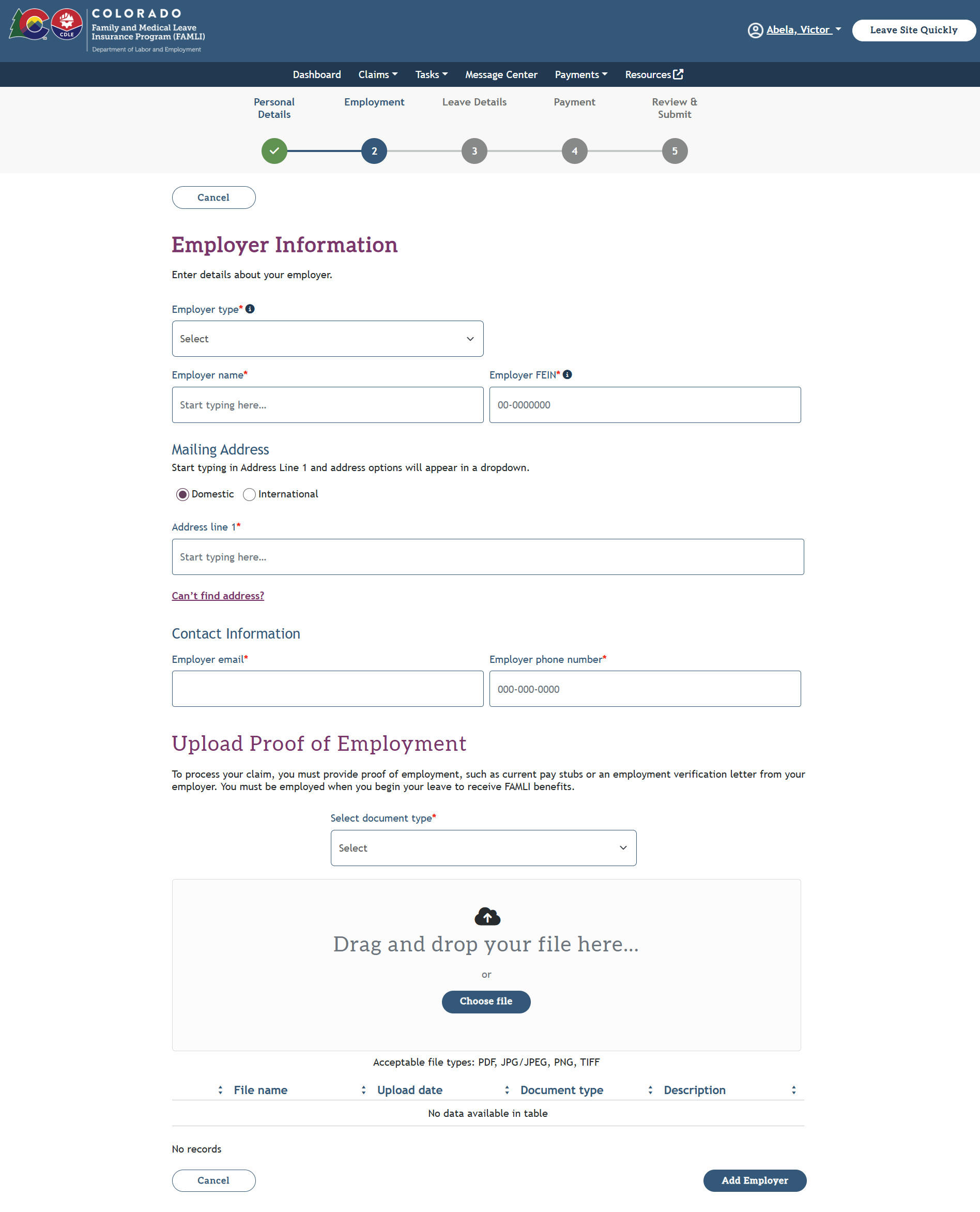 My FAMLI+ Employment Information Page