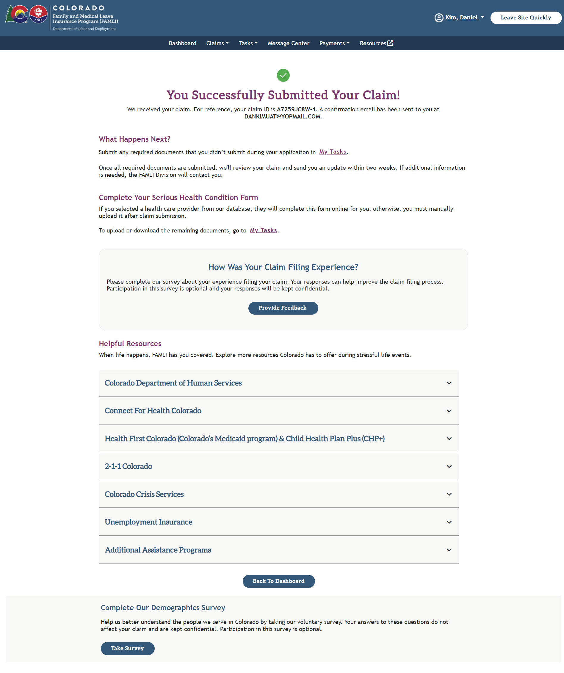 My FAMLI+ 4.6 You Successfully Submitted Your Claim Screen