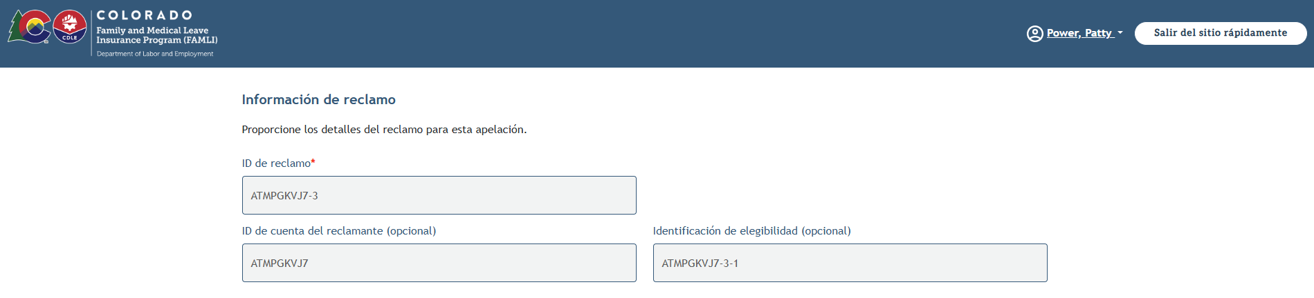 My FAMLI+ Appeals 4.5 información del reclamo