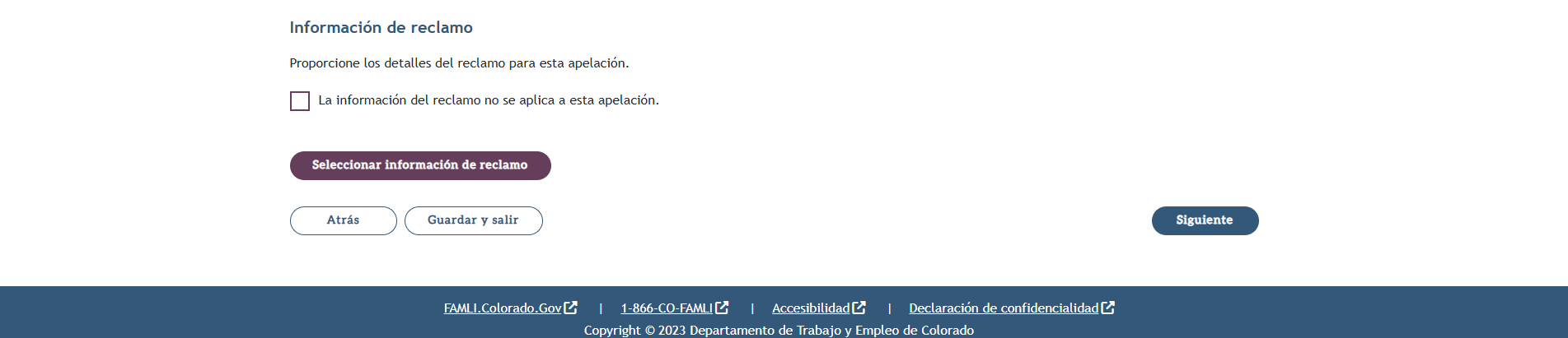My FAMLI+ Appeals 4.5 Seleccionar información del reclamo