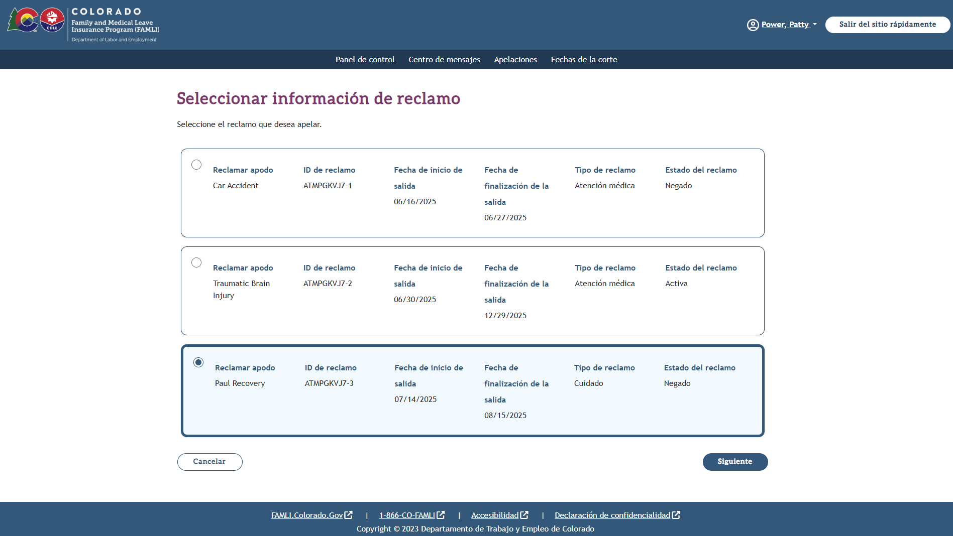 My FAMLI+ Appeals 4.5 Seleccionar información del reclamo tercer opción