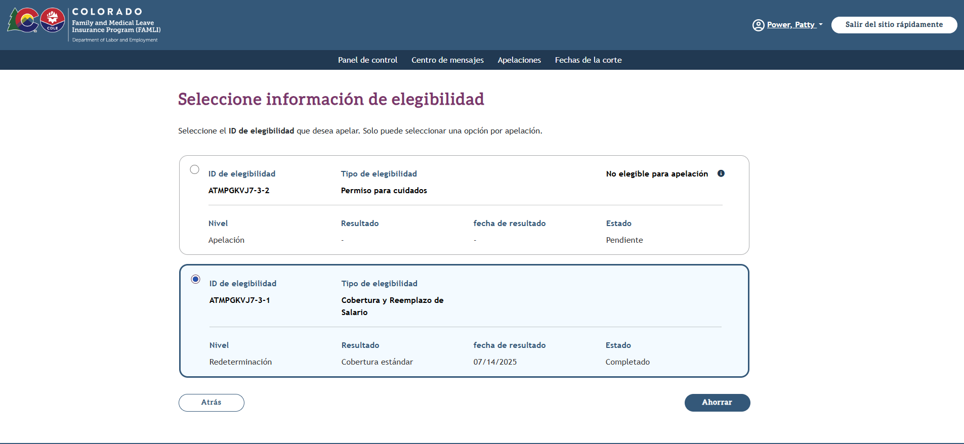 My FAMLI+ Appeals 4.5 Seleccionar información del reclamo segundo opción