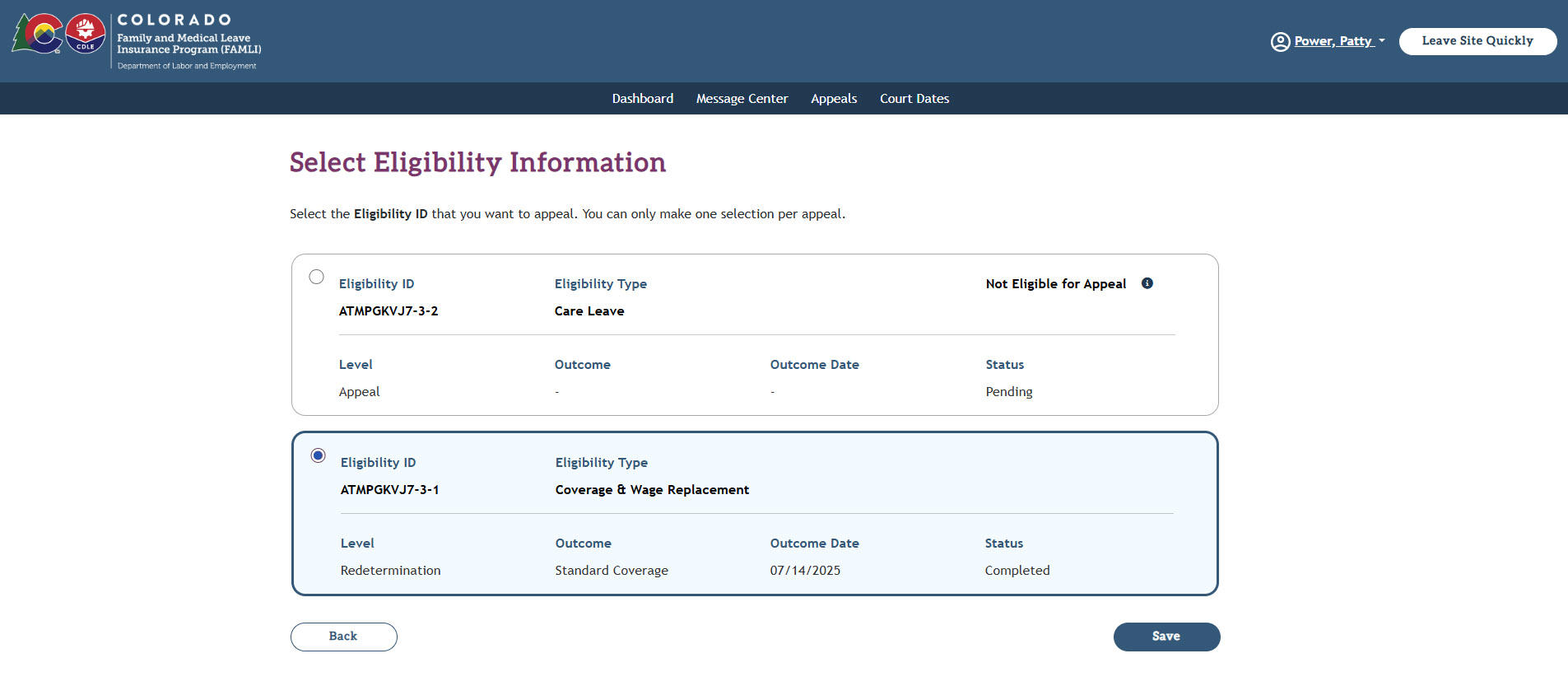 My FAMLI+ Appeals 4.5 Appeals Details Select eligibility information selected