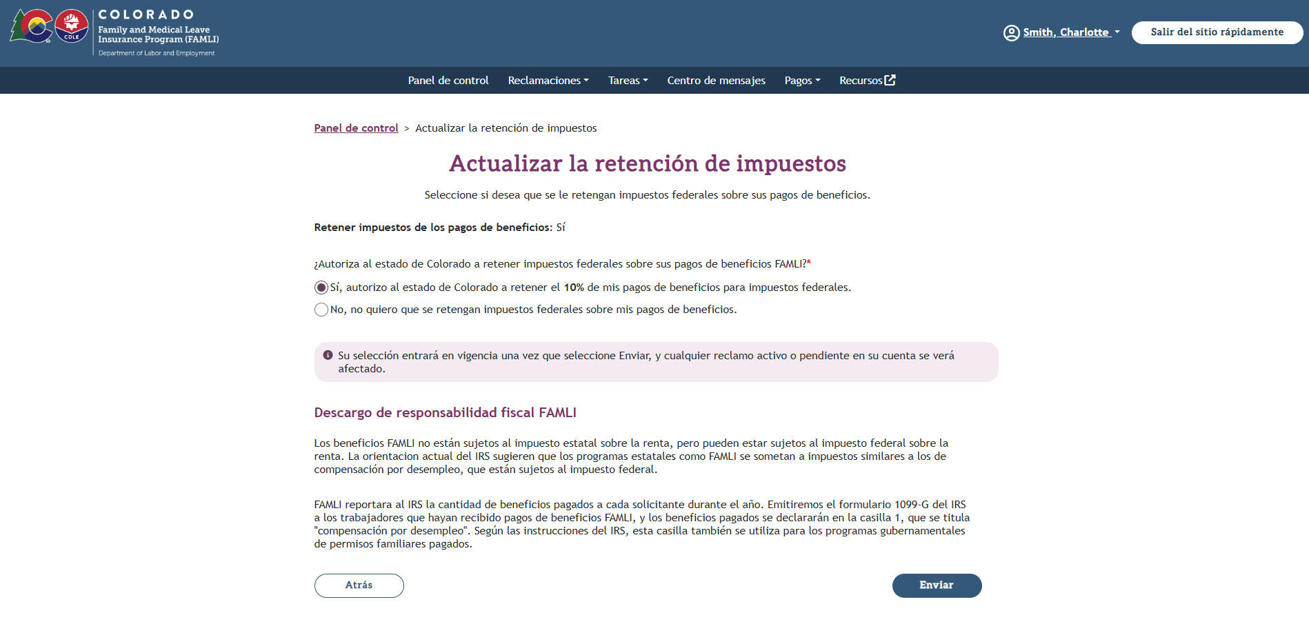 My FAMLI+ Actualizar la retencion de impuestos seleccione el boton