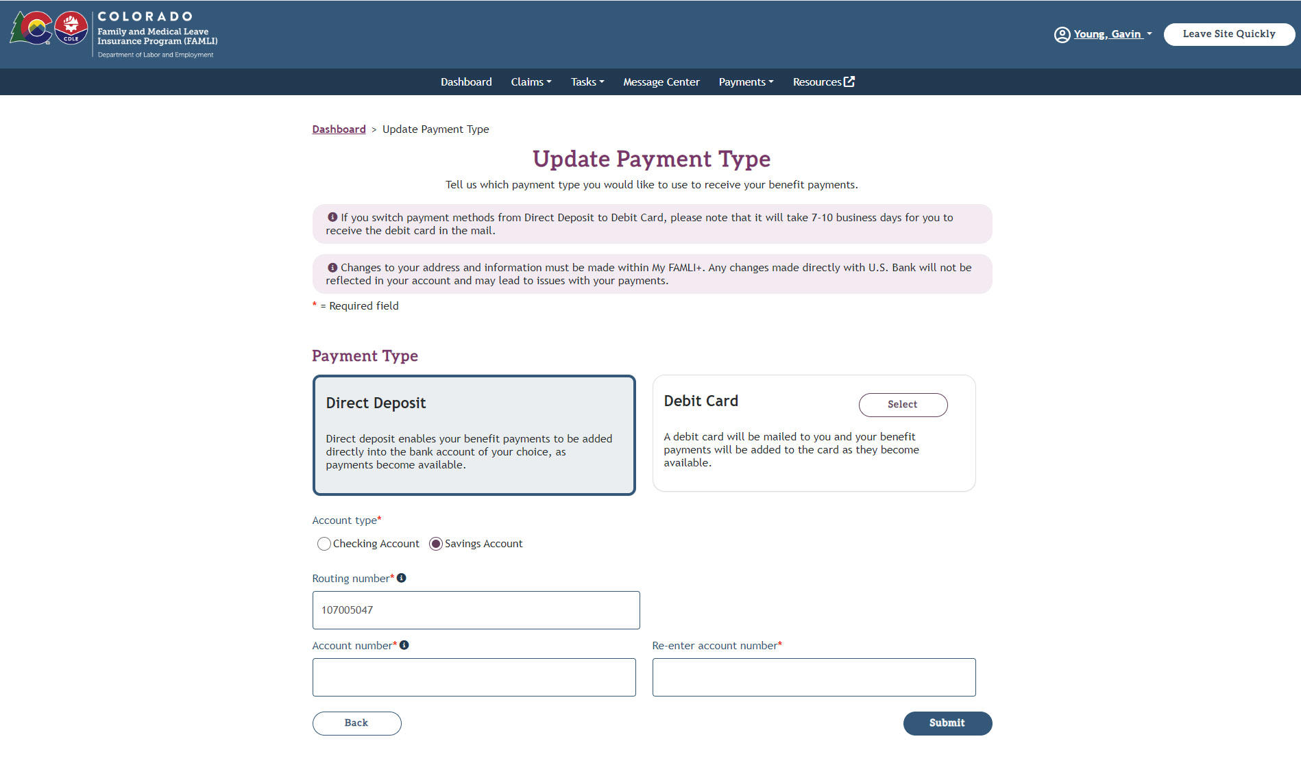 My FAMLI+ Update Payment Type Direct Deposit screenshot