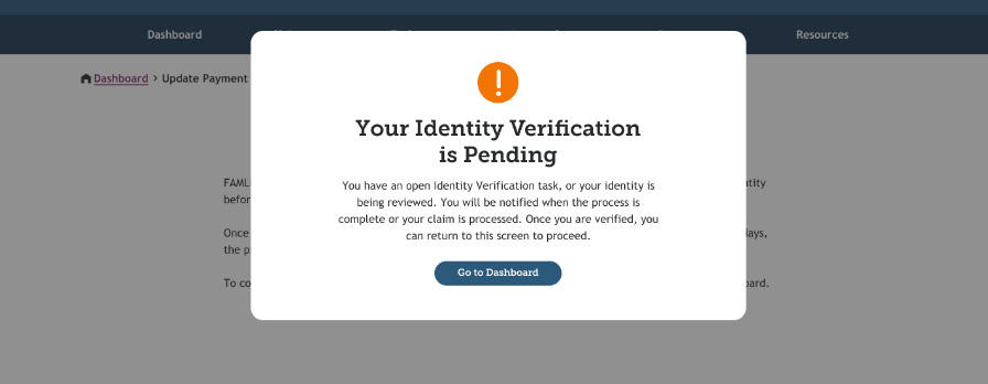 My FAMLI+ Update Payment Type Verification Pending screenshot