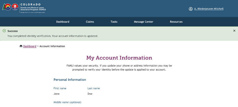 My FAMLI+ Update Phone or Address Verification Success screenshot
