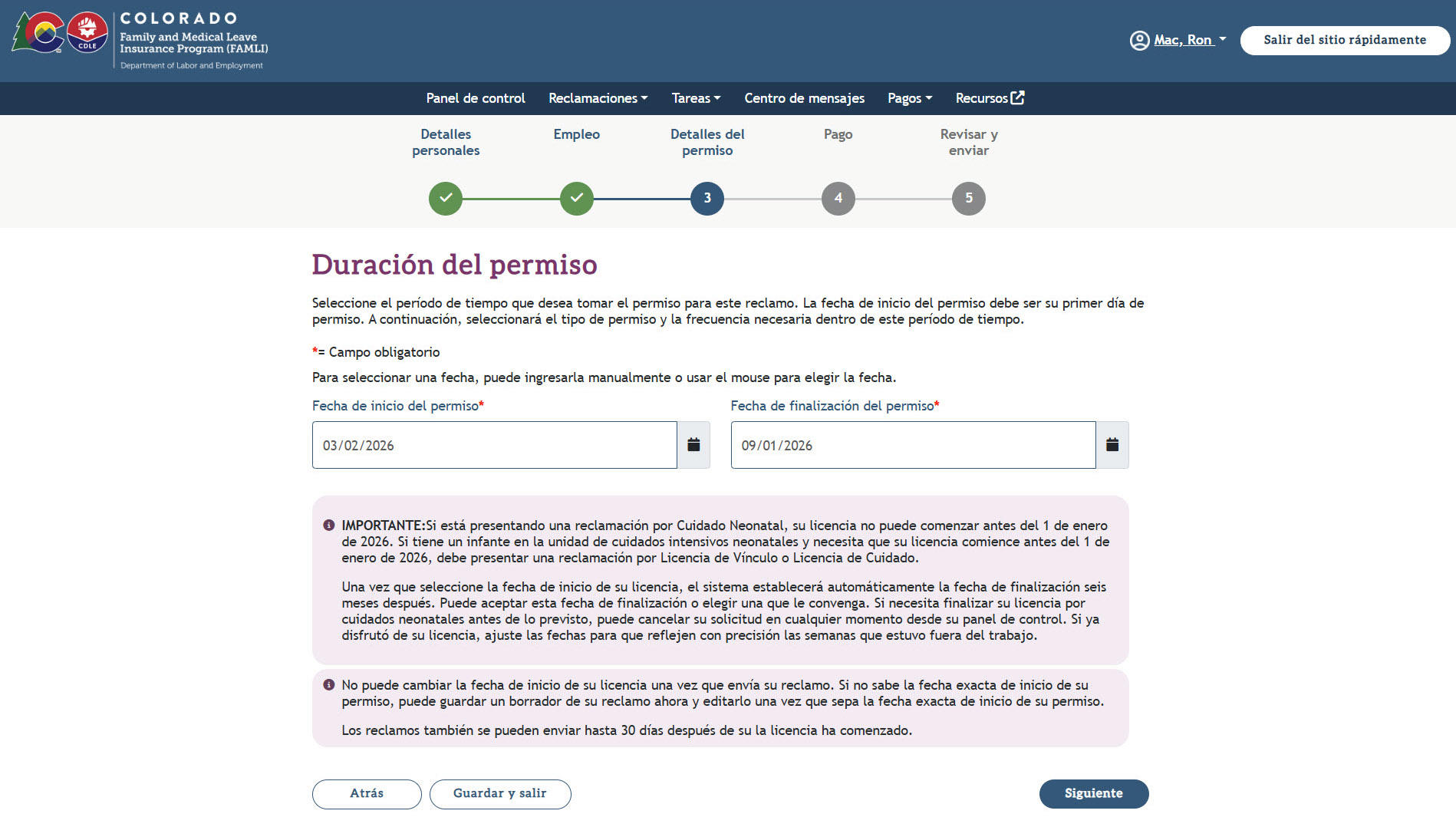 My FAMLI+ Guía del Usuario Cuidados Neonatales Duración del permiso