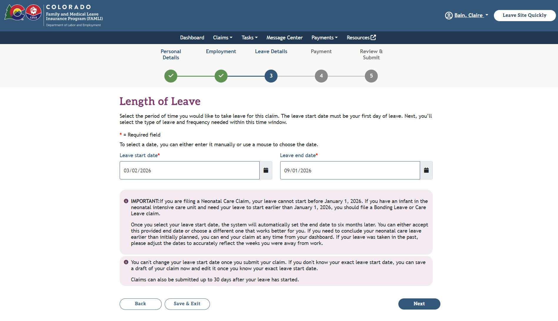 My FAMLI+ User Guide Neonatal Care Leave Length of Leave