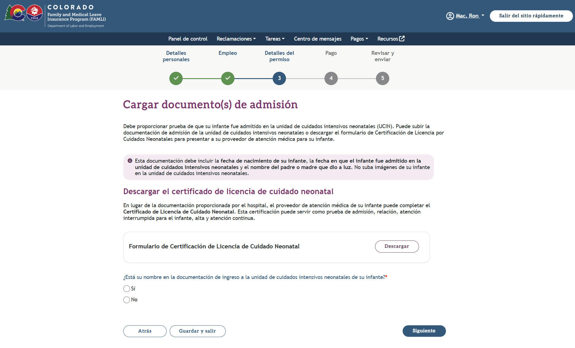 My FAMLI+ Guía del Usuario Cuidados Neonatales Cargar documentos de admisión