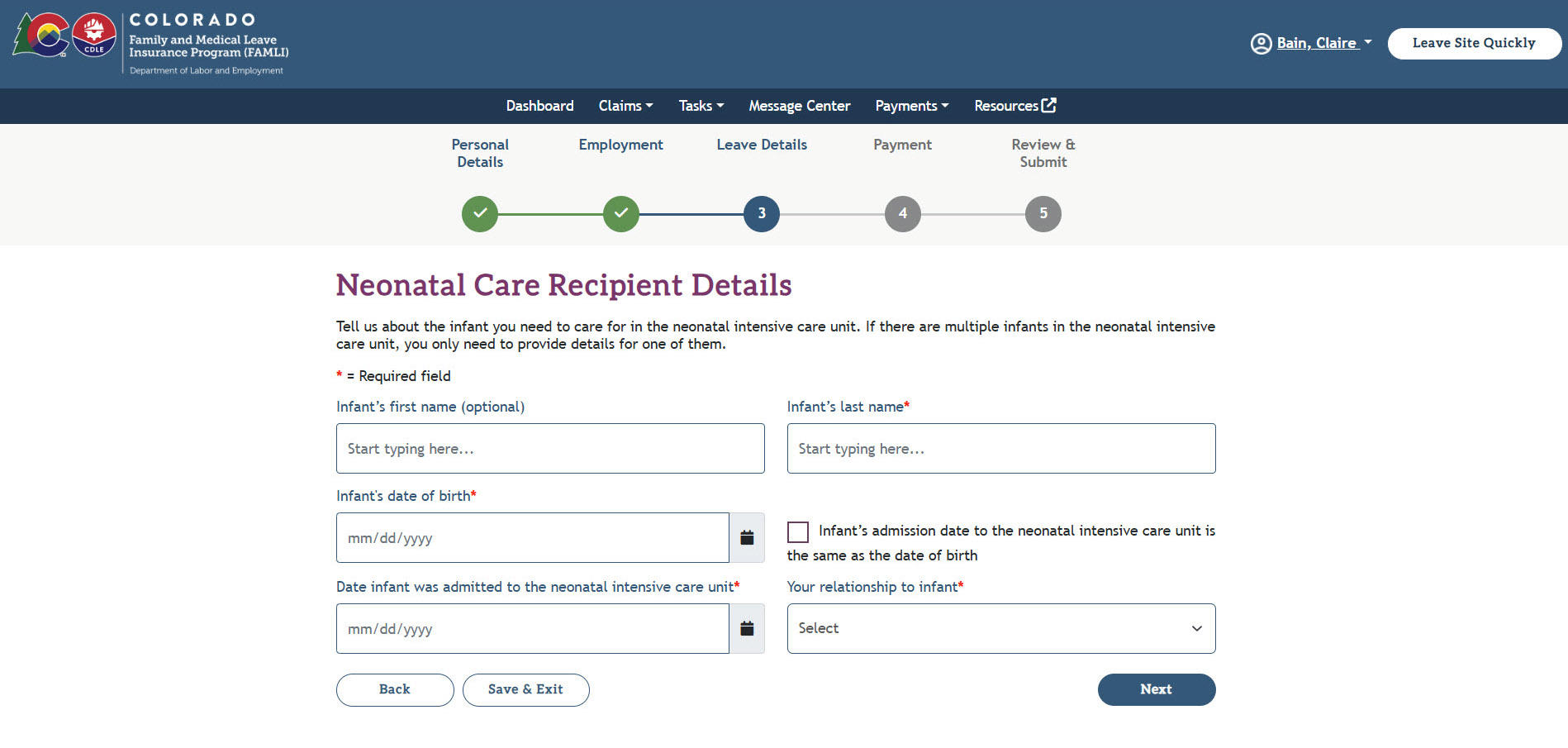 My FAMLI+ User Guide Neonatal Care Leave Neonatal Care Recipient Details