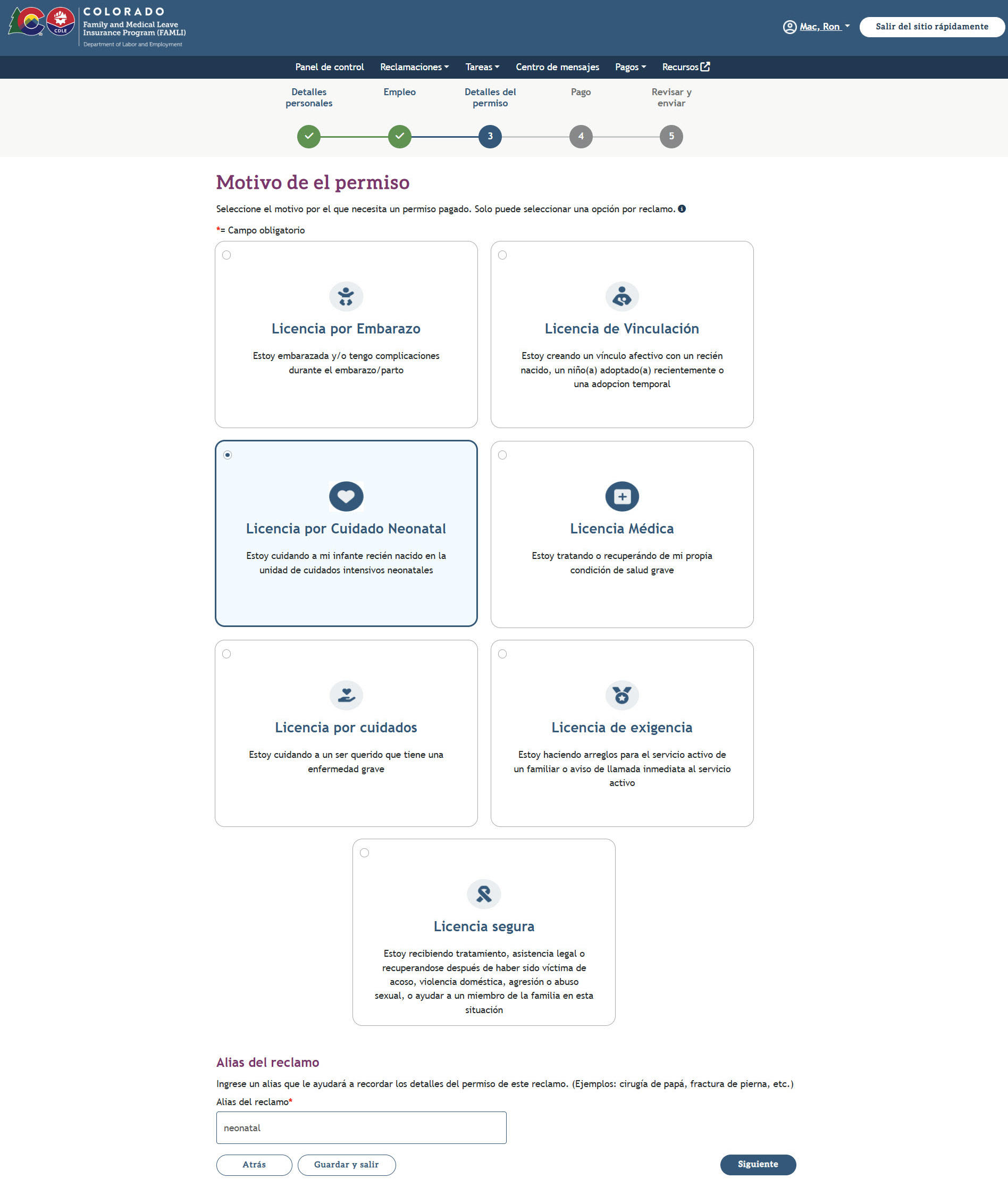 My FAMLI+ Guía del Usuario Cuidados Neonatales Motivo de el permiso