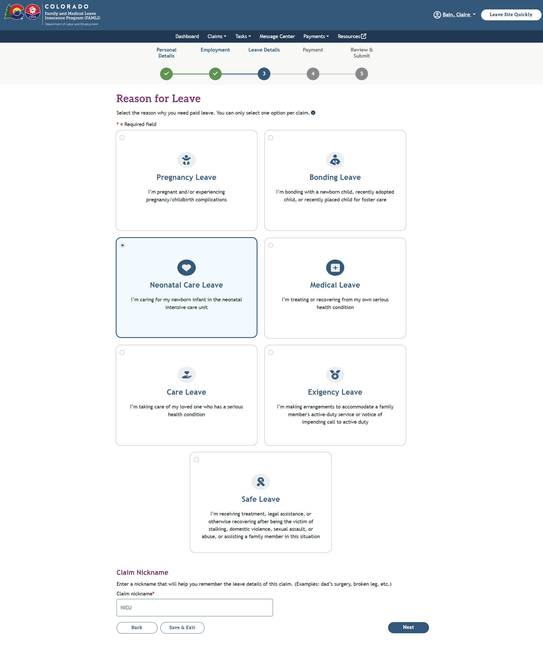My FAMLI+ User Guide Neonatal Care Leave Reason for Leave