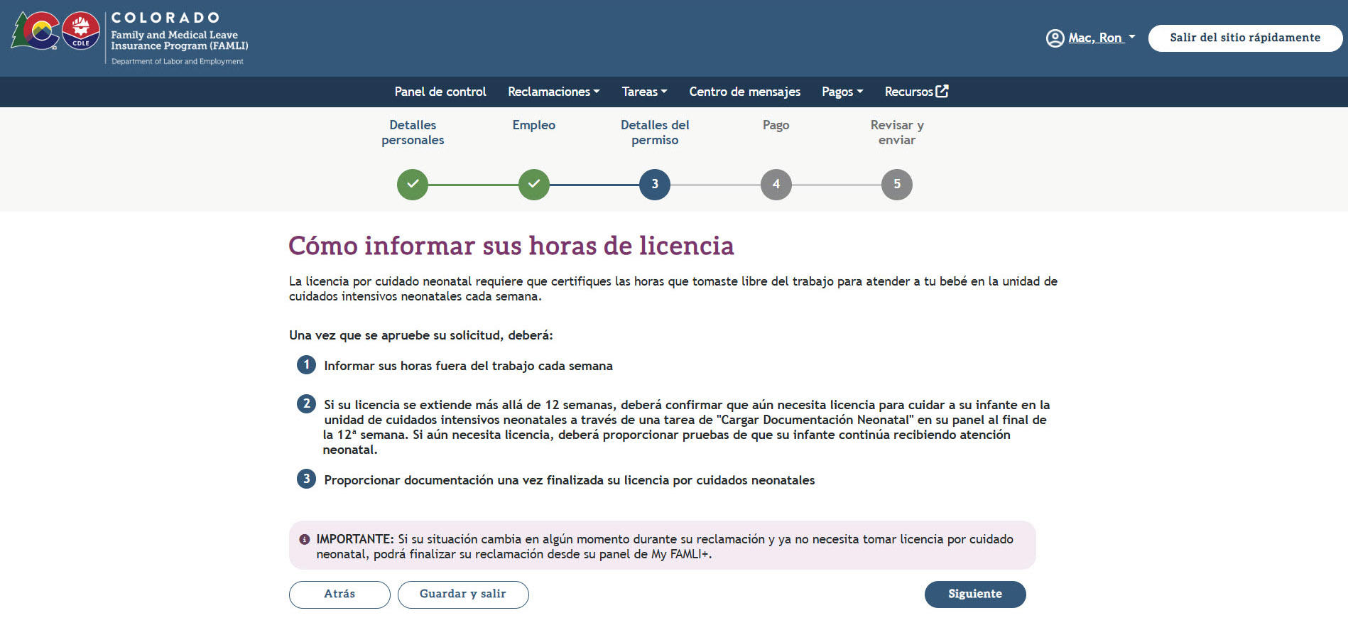 My FAMLI+ Guía del Usuario Cuidados Neonatales Cómo informar sus horas de licencia