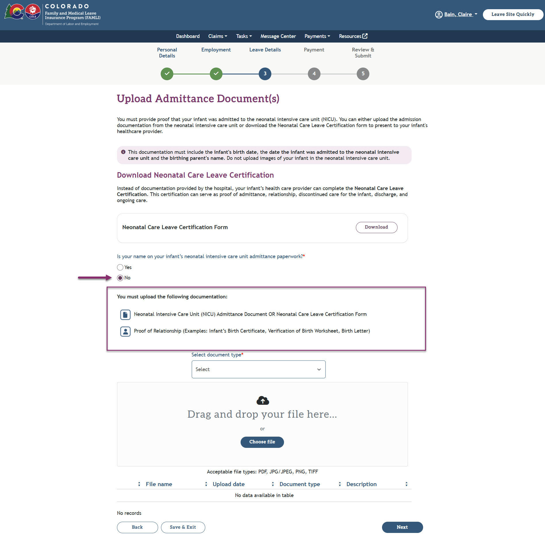 My FAMLI+ User Guide Neonatal Care Leave Upload Admittance Documents No