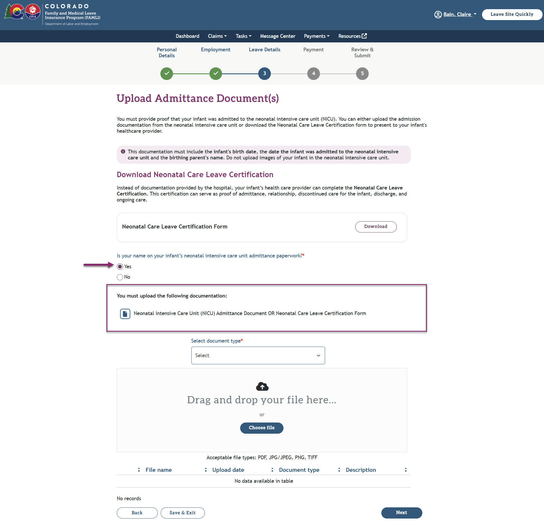 My FAMLI+ User Guide Neonatal Care Leave Upload Admittance Documents Yes