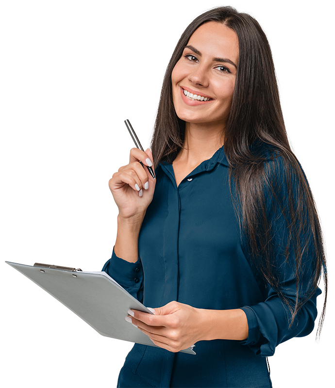 A smiling woman gestures with a pen as she carries a clipboard