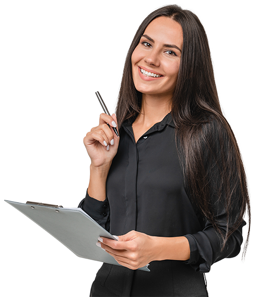 Smiling Woman looks at clipboard