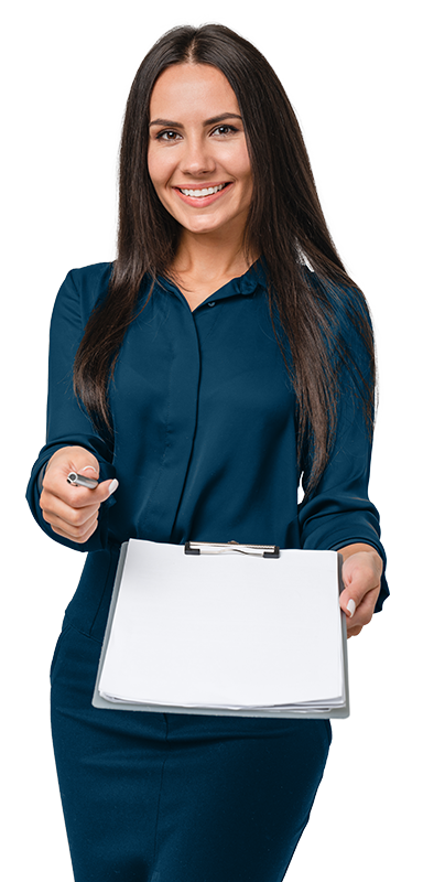 A smiling woman hands a pen and clipboard to the viewer