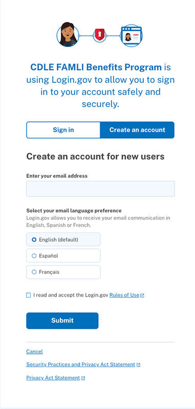 My FAMLI+ Login dot gov Create an account for new users screenshot