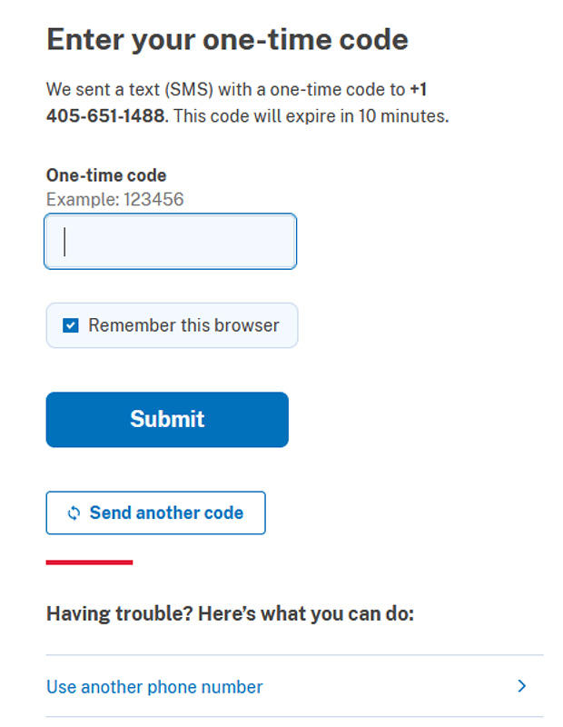 My FAMLI+ Enter Your One Time Code screenshot