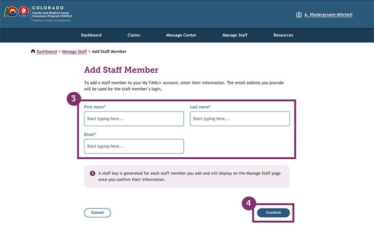 My FAMLI+ Add Staff Member screenshot
