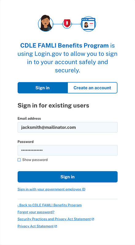 My FAMLI+ Login dot gov sign in screenshot