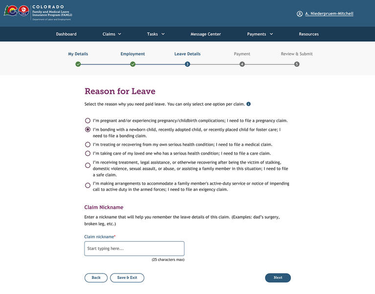 Claimant Guide Reason For Leave screen