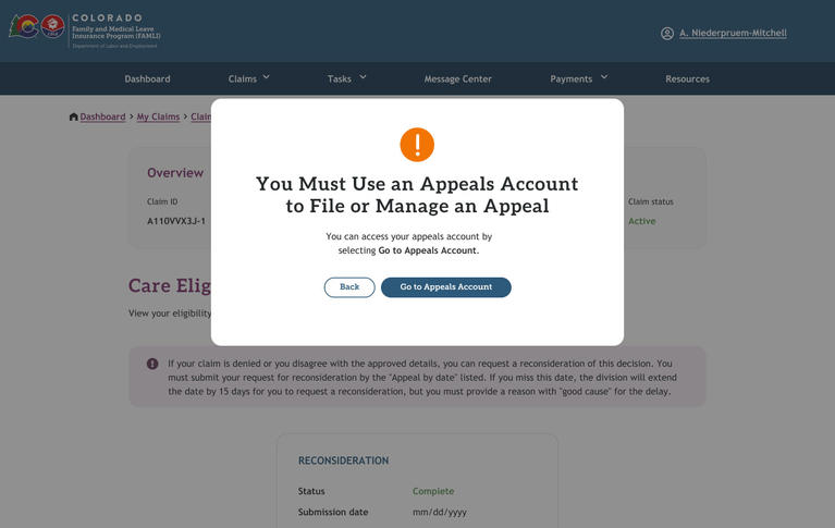 My FAMLI+ User Guide Message Must Use Appeals Account
