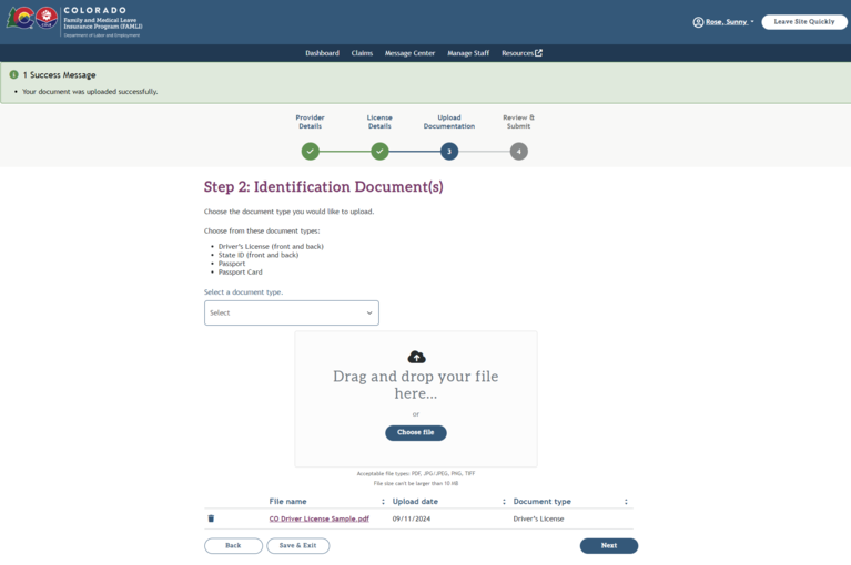 My FAMLI+ Step 2 Identification Documents screenshot