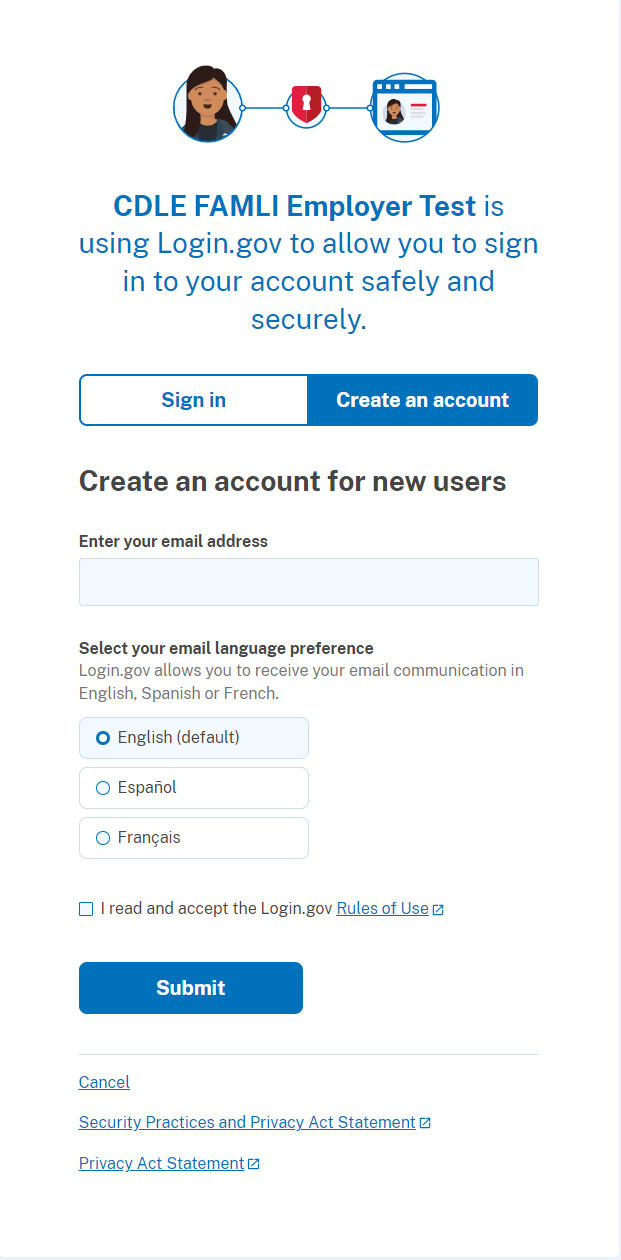 My FAMLI+ Employer Login.gov Create Your Account Page