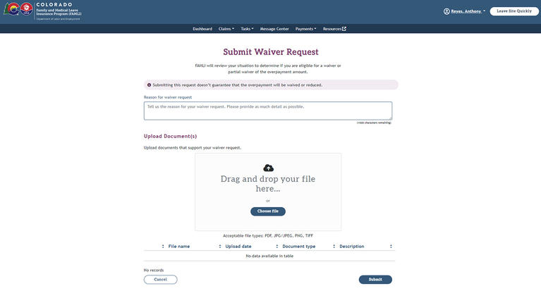 My FAMLI+ Submit Waiver Request screenshot