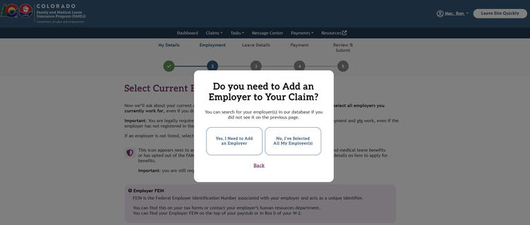 My FAMLI+ 4.2 Do you need to add an employer to your claim Screen