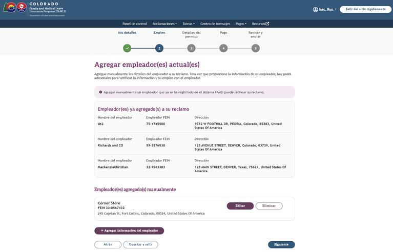My FAMLI+ 4.2 Agregar empleadores actuales Screen