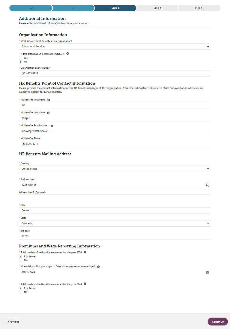 My FAMLI+ Employer Registration Step 3 HR Contact Information