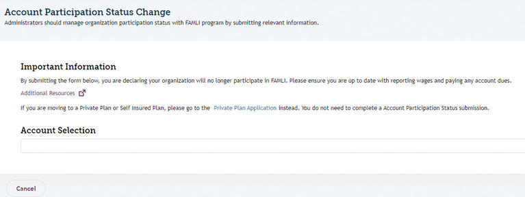 My FAMLI+ Employer Account Participation Status Change Account Selection