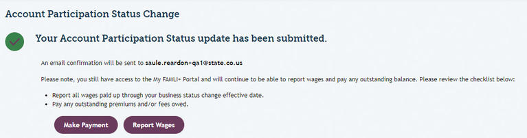 My FAMLI+ Employer Account Participation Status Change Confirmation