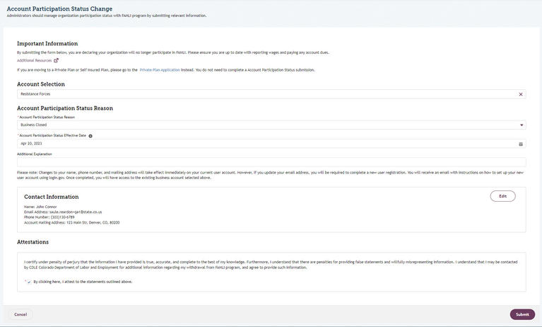 My FAMLI+ Employer Account Participation Status Change Form View