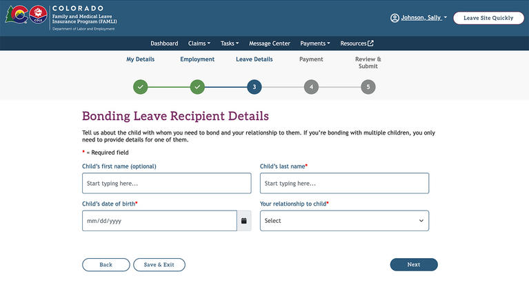 My FAMLI+ Bonding Leave Recipient Details screenshot