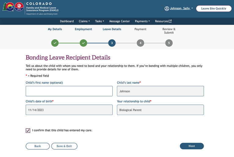 My FAMLI+ Bonding Leave Recipient Details screenshot
