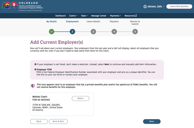 My FAMLI+ Add Current Employers screenshot