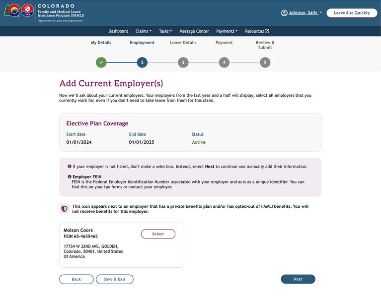 My FAMLI+ Add Current Employers screenshot