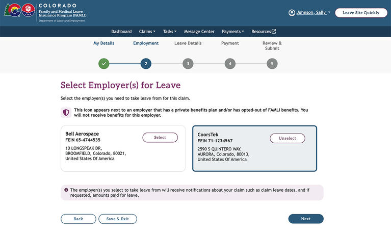 My FAMLI+ Select Employer for Leave screenshot