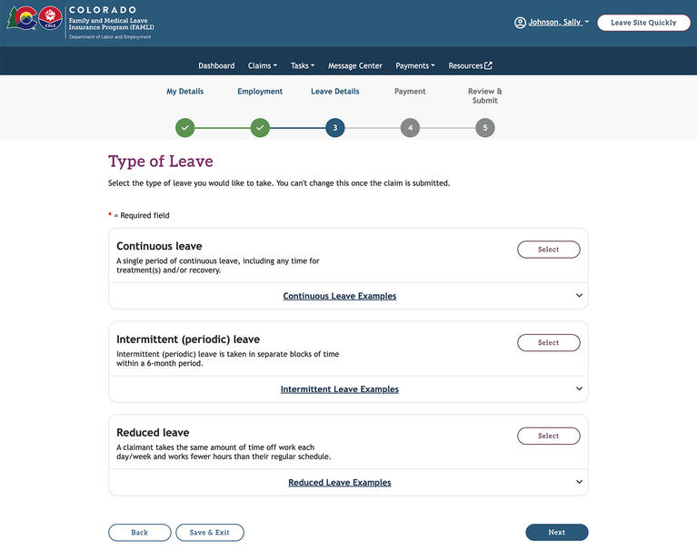 My FAMLI+ Type of Leave screenshot