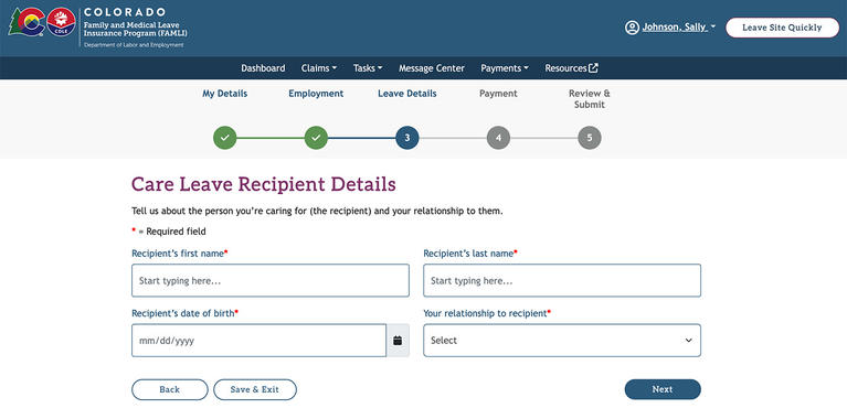 My FAMLI+ Care Leave Recipient Details screenshot