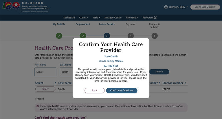 My FAMLI+ Confirm Your Health Care Provider screenshot