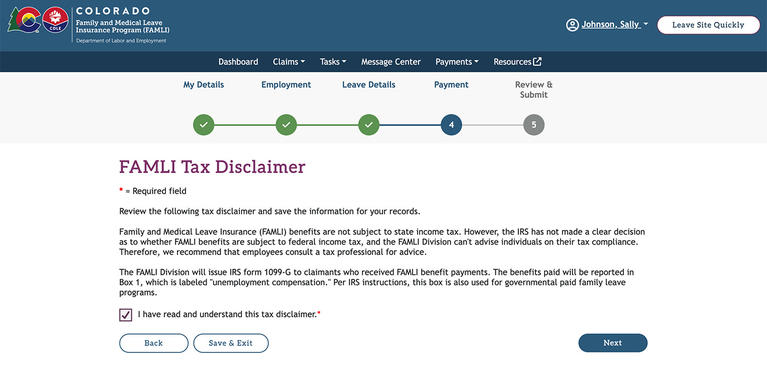 My FAMLI+ Tax Disclaimer screenshot