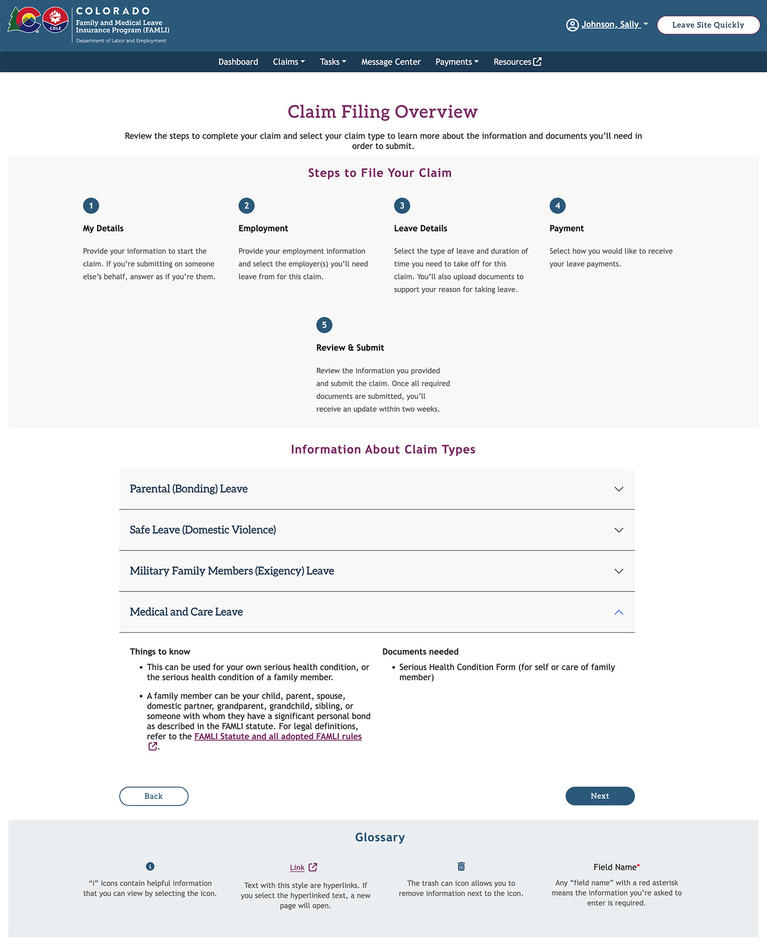 My FAMLI+ Claim Filing Overview screenshot