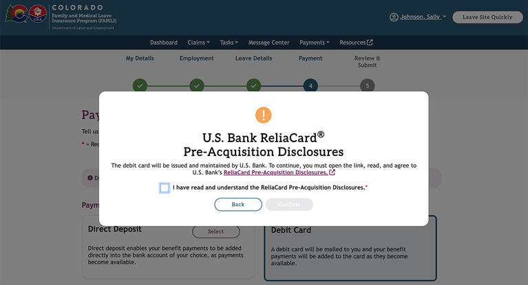 My FAMLI+ US Bank ReliaCard Pre-acquisition Disclosure screenshot